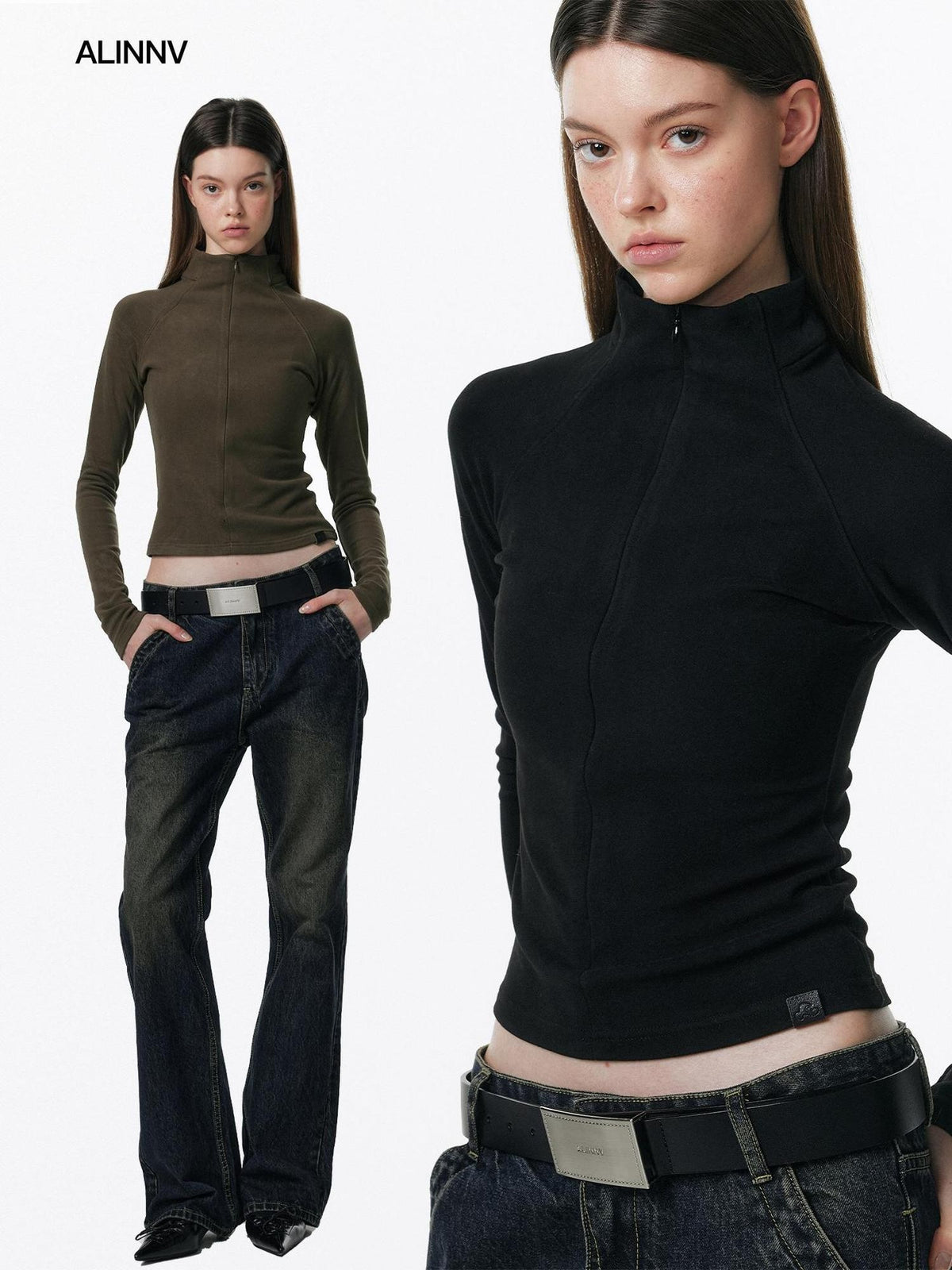 ALINNV Plush Half High Collar Zip Women&