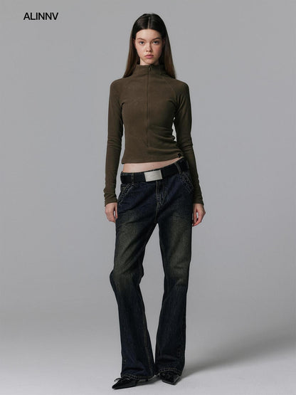 ALINNV Plush Half High Collar Zip Women&
