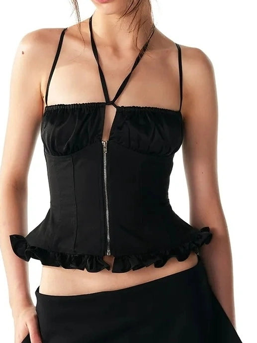 ALINNV STUDIO Adjustable Cross Back Cami Top With Ruffle Hem Tank Top/Camisole