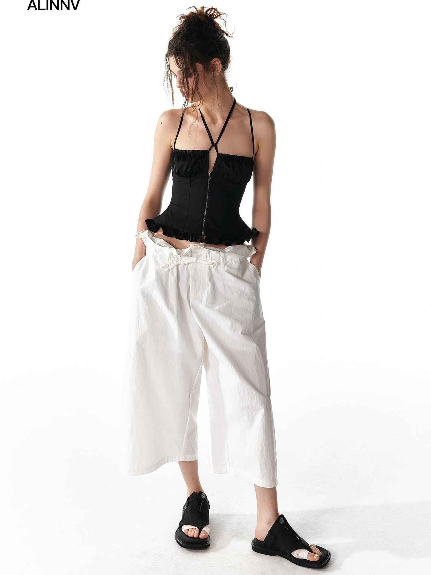 ALINNV STUDIO Adjustable Cross Back Cami Top With Ruffle Hem Tank Top/Camisole