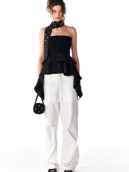 ALINNV STUDIO Asymmetric Ruffle Hem Crop Top Tank Top/Camisole