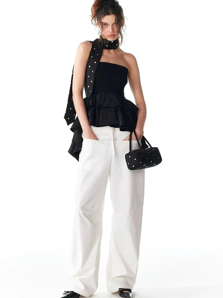 ALINNV STUDIO Asymmetric Ruffle Hem Crop Top Tank Top/Camisole