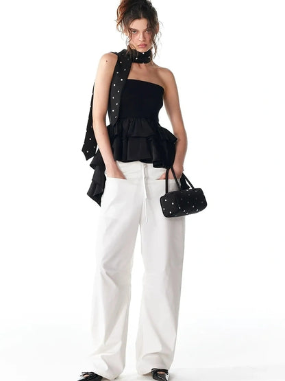 ALINNV STUDIO Asymmetric Ruffle Hem Crop Top Tank Top/Camisole