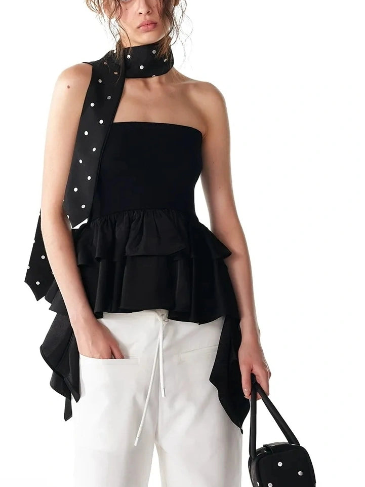 ALINNV STUDIO Asymmetric Ruffle Hem Crop Top Tank Top/Camisole