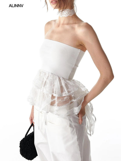 ALINNV STUDIO Asymmetric Ruffle Hem Crop Top Tank Top/Camisole