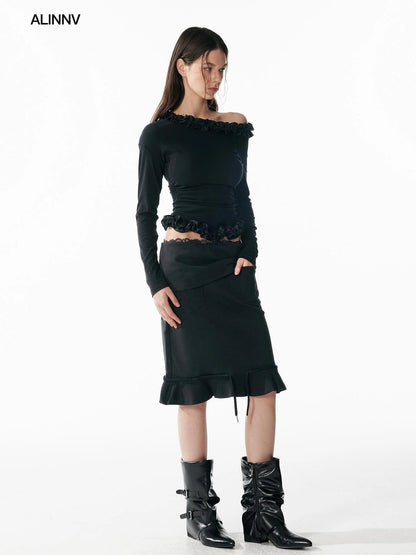 ALINNV STUDIO Asymmetrical Shoulder Layered Ruffle Slim Fit Tee T-shirt