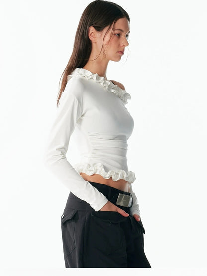ALINNV STUDIO Asymmetrical Shoulder Layered Ruffle Slim Fit Tee T-shirt