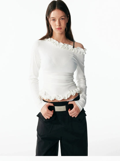 ALINNV STUDIO Asymmetrical Shoulder Layered Ruffle Slim Fit Tee T-shirt