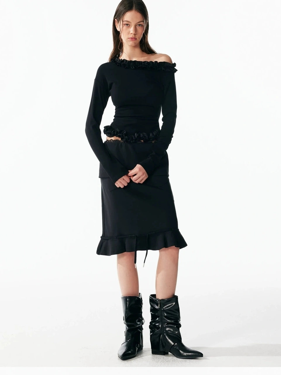 ALINNV STUDIO Asymmetrical Shoulder Layered Ruffle Slim Fit Tee T-shirt