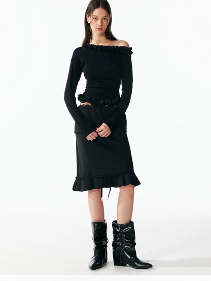 ALINNV STUDIO Asymmetrical Shoulder Layered Ruffle Slim Fit Tee T-shirt