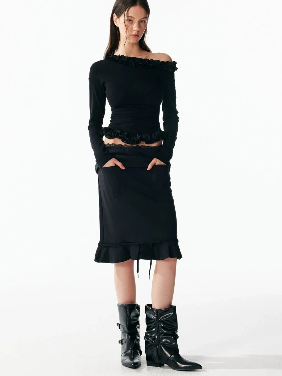 ALINNV STUDIO Asymmetrical Shoulder Layered Ruffle Slim Fit Tee T-shirt