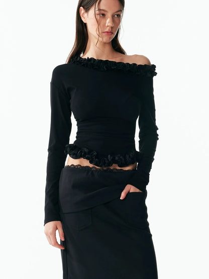 ALINNV STUDIO Asymmetrical Shoulder Layered Ruffle Slim Fit Tee T-shirt