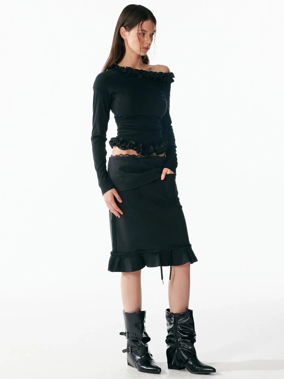 ALINNV STUDIO Asymmetrical Shoulder Layered Ruffle Slim Fit Tee T-shirt