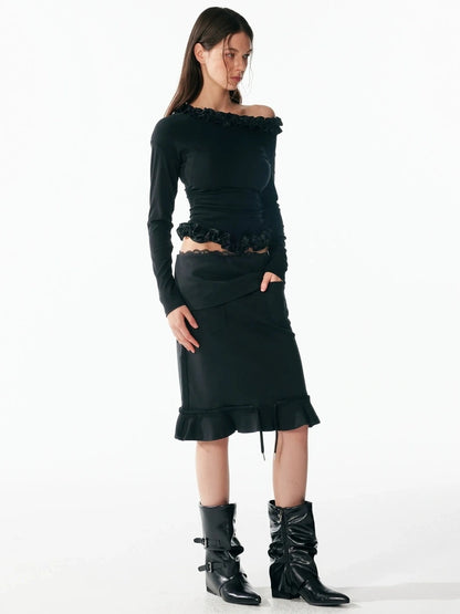 ALINNV STUDIO Asymmetrical Shoulder Layered Ruffle Slim Fit Tee T-shirt