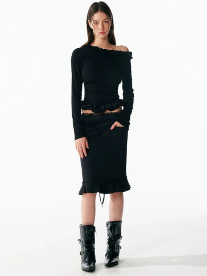 ALINNV STUDIO Asymmetrical Shoulder Layered Ruffle Slim Fit Tee T-shirt