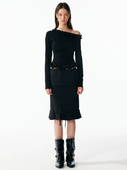 ALINNV STUDIO Asymmetrical Shoulder Layered Ruffle Slim Fit Tee T-shirt