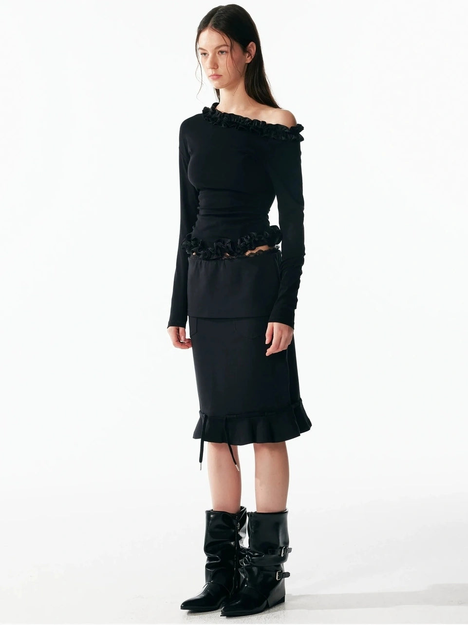 ALINNV STUDIO Asymmetrical Shoulder Layered Ruffle Slim Fit Tee T-shirt