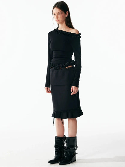 ALINNV STUDIO Asymmetrical Shoulder Layered Ruffle Slim Fit Tee T-shirt