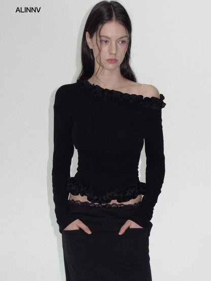 ALINNV STUDIO Asymmetrical Shoulder Layered Ruffle Slim Fit Tee T-shirt