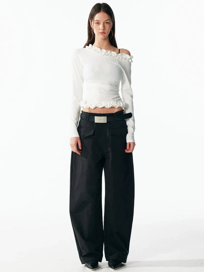 ALINNV STUDIO Asymmetrical Shoulder Layered Ruffle Slim Fit Tee T-shirt