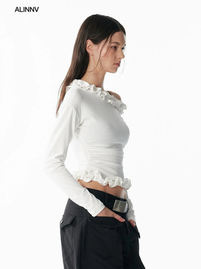 ALINNV STUDIO Asymmetrical Shoulder Layered Ruffle Slim Fit Tee T-shirt