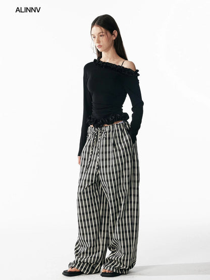 ALINNV STUDIO Asymmetrical Shoulder Layered Ruffle Slim Fit Tee T-shirt