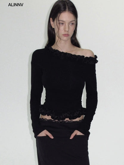 ALINNV STUDIO Asymmetrical Shoulder Layered Ruffle Slim Fit Tee T-shirt