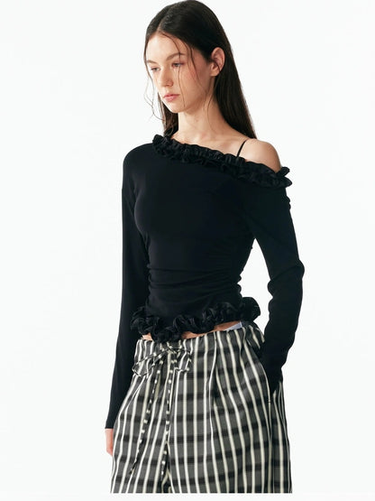 ALINNV STUDIO Asymmetrical Shoulder Layered Ruffle Slim Fit Tee T-shirt