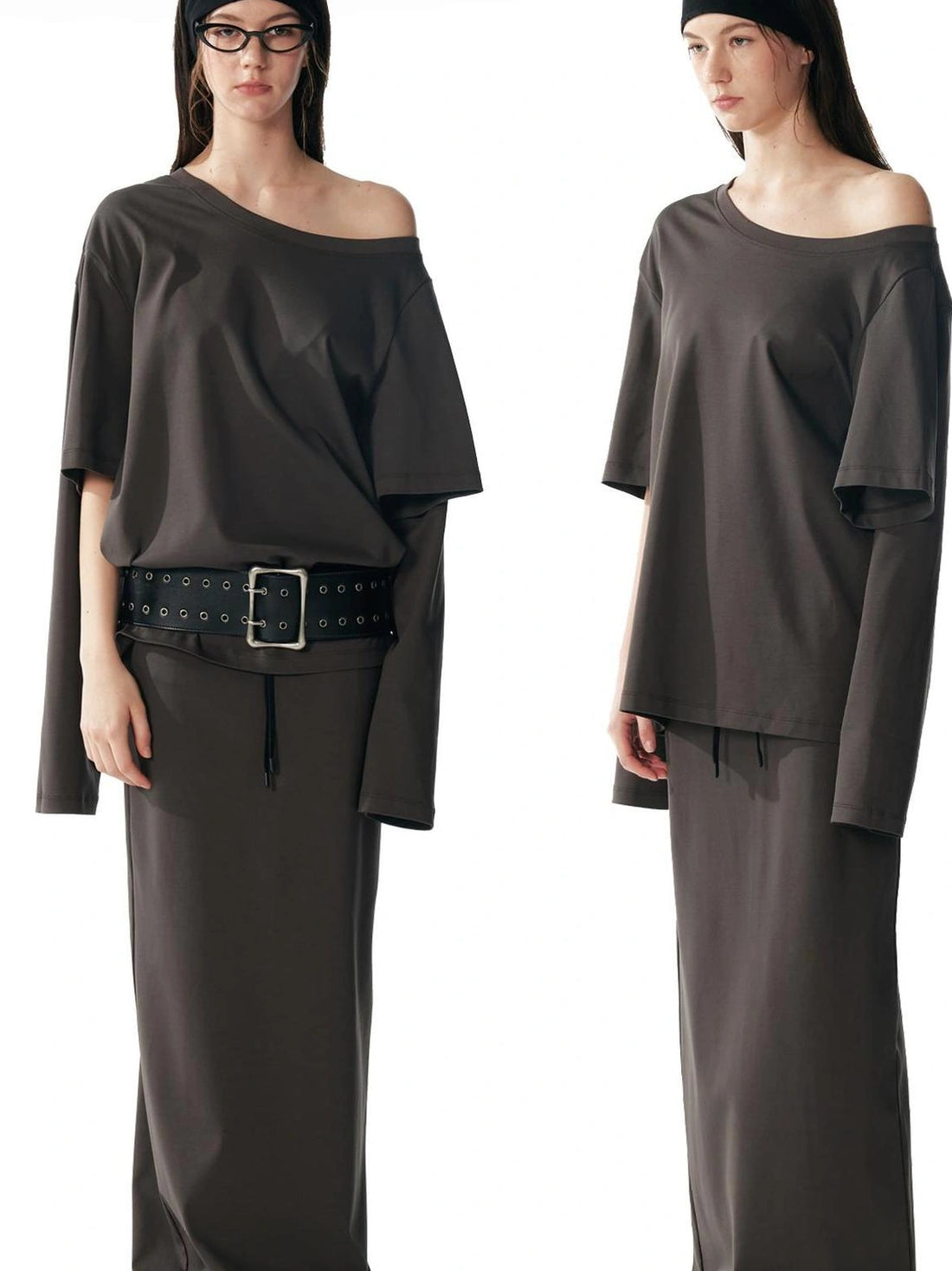 ALINNV STUDIO Asymmetrical Sleeve Off Shoulder T-shirt And Skirt Set T-shirt