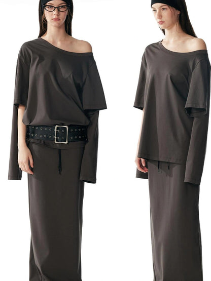 ALINNV STUDIO Asymmetrical Sleeve Off Shoulder T-shirt And Skirt Set T-shirt