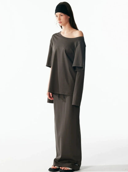 ALINNV STUDIO Asymmetrical Sleeve Off Shoulder T-shirt And Skirt Set T-shirt