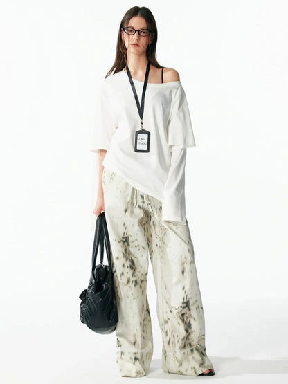 ALINNV STUDIO Asymmetrical Sleeve Off Shoulder T-shirt And Skirt Set T-shirt