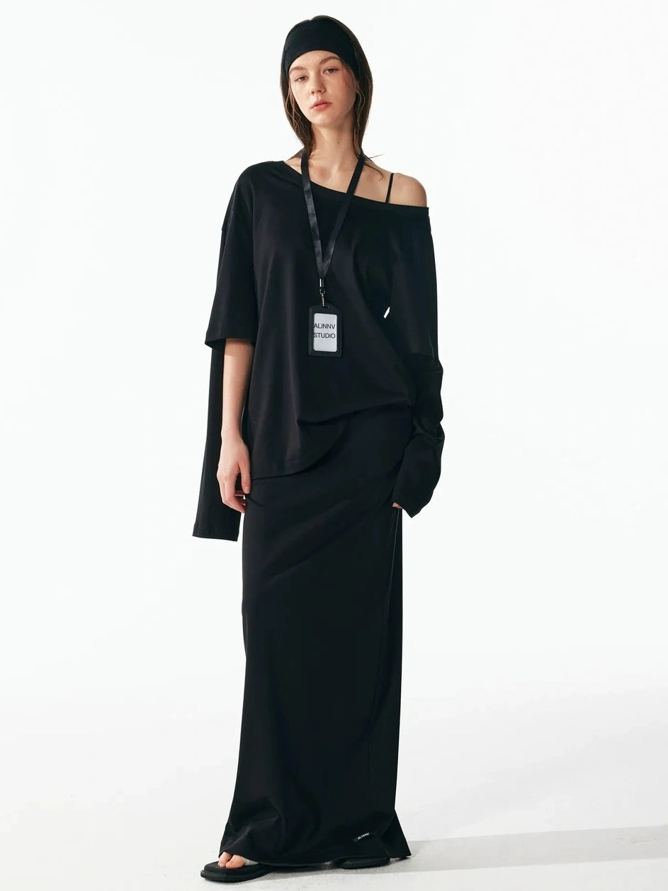 ALINNV STUDIO Asymmetrical Sleeve Off Shoulder T-shirt And Skirt Set T-shirt