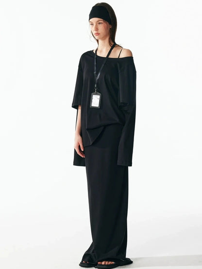 ALINNV STUDIO Asymmetrical Sleeve Off Shoulder T-shirt And Skirt Set T-shirt