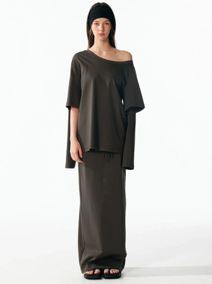 ALINNV STUDIO Asymmetrical Sleeve Off Shoulder T-shirt And Skirt Set T-shirt