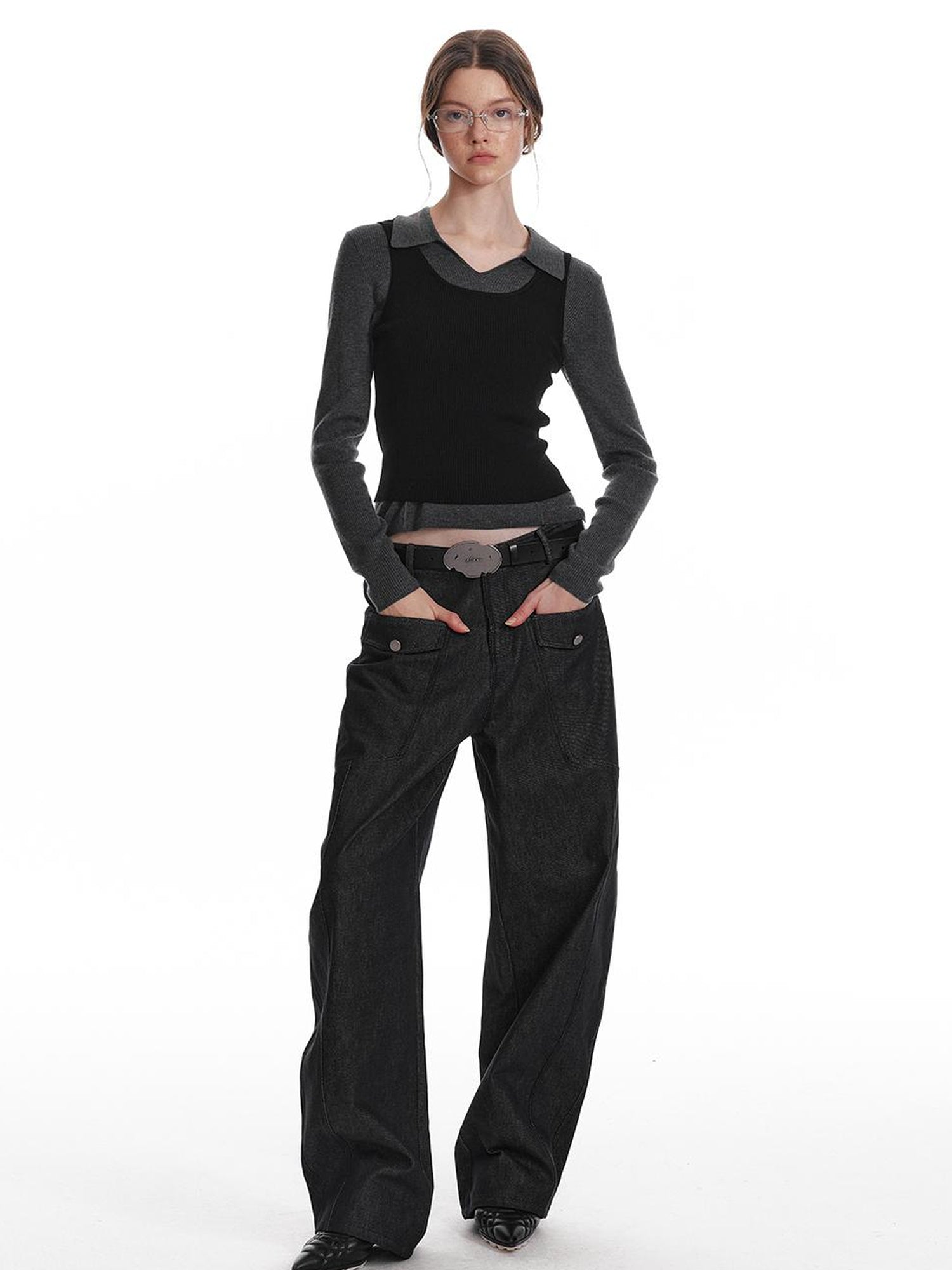 ALINNV STUDIO Basic Turn Collar Layering Shirt With Sleeveless Vest