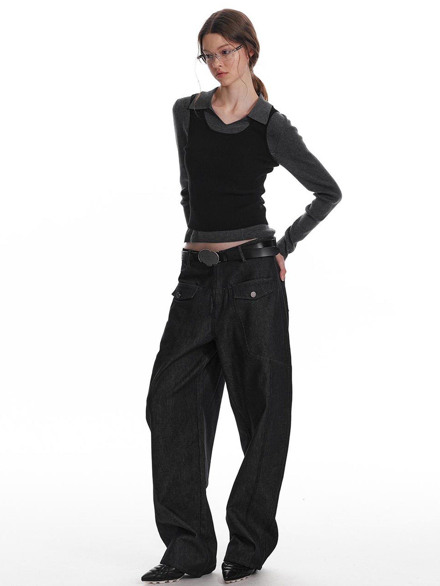 ALINNV STUDIO Basic Turn Collar Layering Shirt With Sleeveless Vest