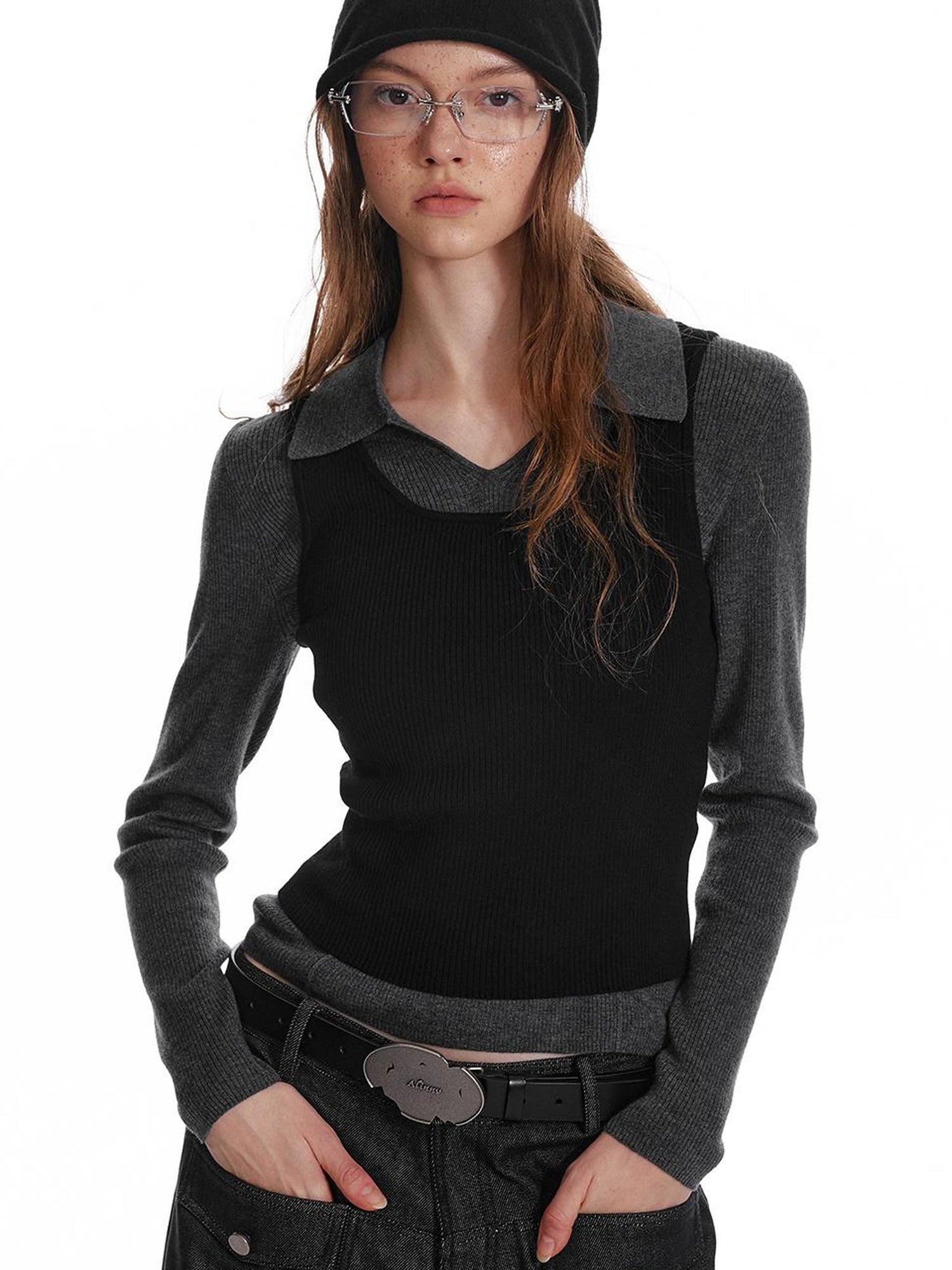 ALINNV STUDIO Basic Turn Collar Layering Shirt With Sleeveless Vest