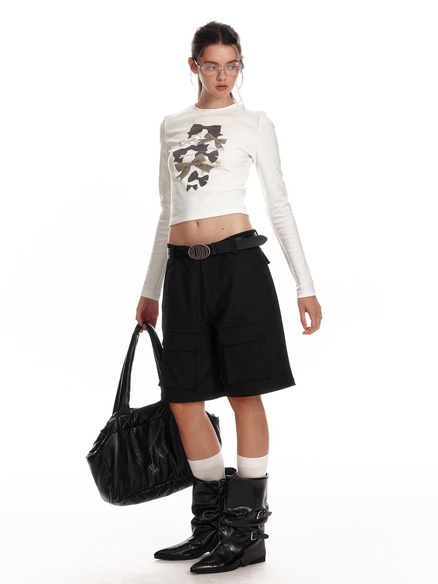 ALINNV STUDIO Bow Print Fitted Long Sleeve Tee