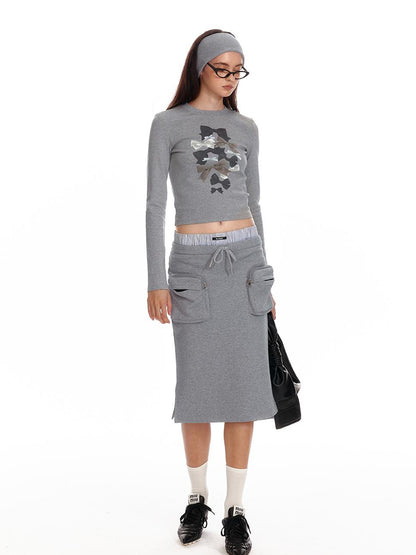 ALINNV STUDIO Bow Print Fitted Long Sleeve Tee