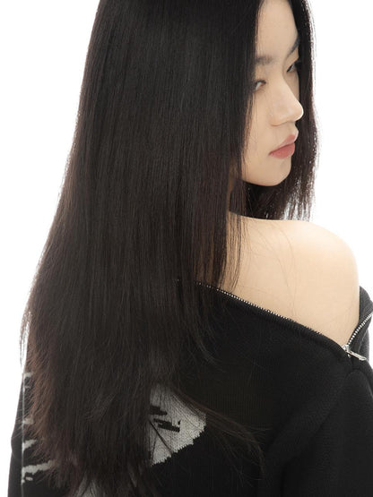 ALINNV STUDIO Butterfly Silhouette Semi Zip Loose Knit Sweater