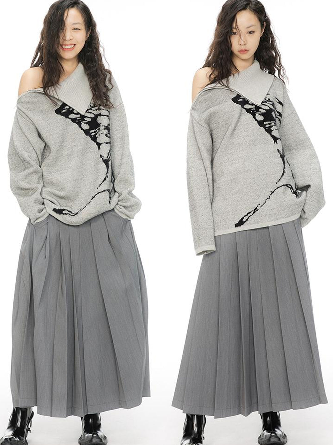 ALINNV STUDIO Butterfly Silhouette Semi Zip Loose Knit Sweater