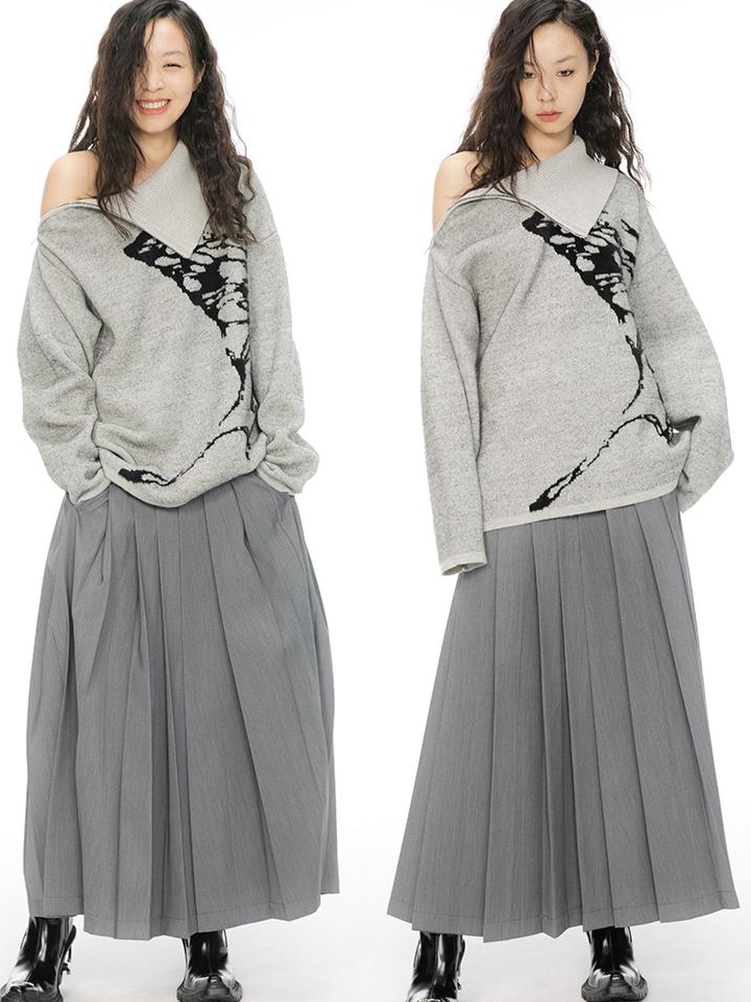 ALINNV STUDIO Butterfly Silhouette Semi Zip Loose Knit Sweater