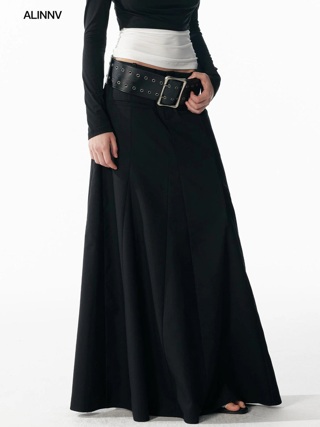 ALINNV STUDIO Classic Black A Line Low Waist Tailored Long Skirt Skirt