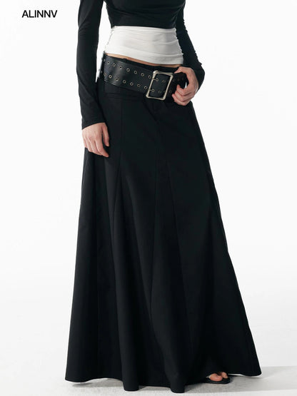 ALINNV STUDIO Classic Black A Line Low Waist Tailored Long Skirt Skirt