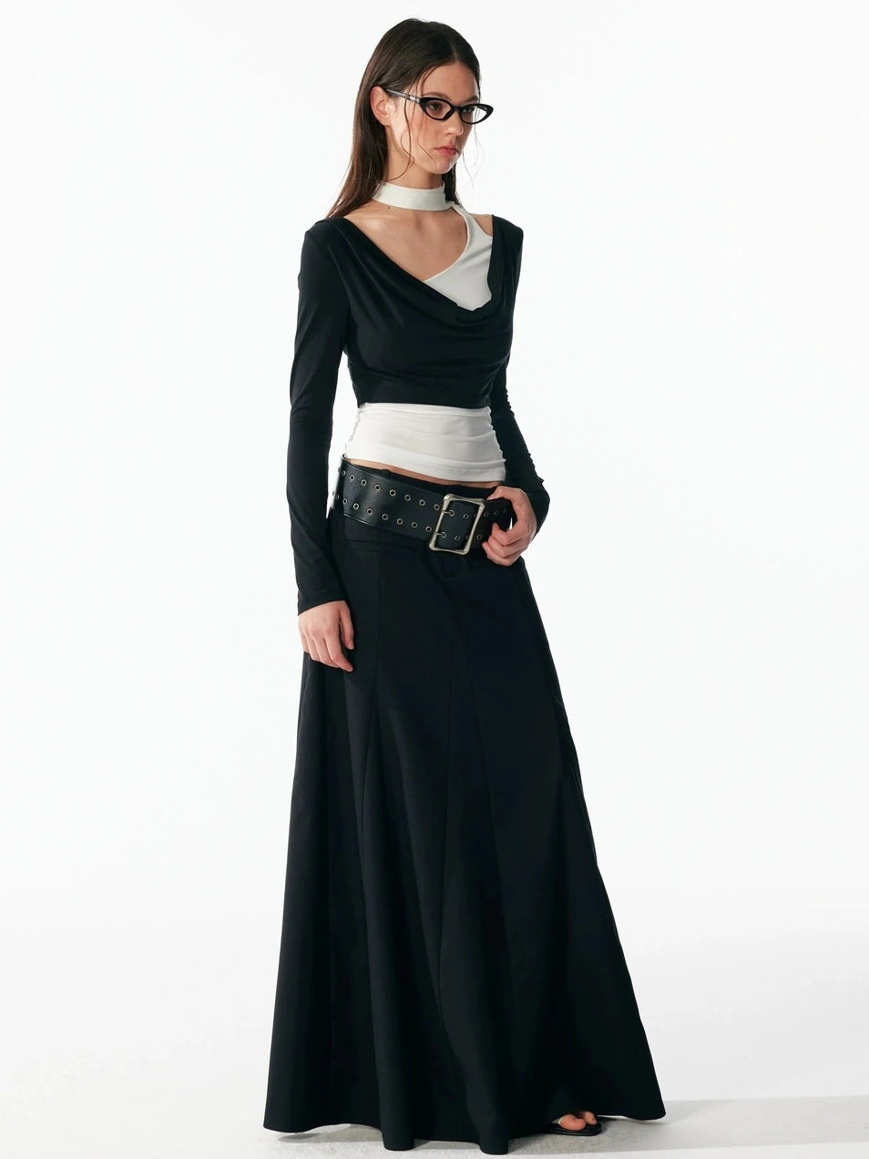 ALINNV STUDIO Classic Black A Line Low Waist Tailored Long Skirt Skirt
