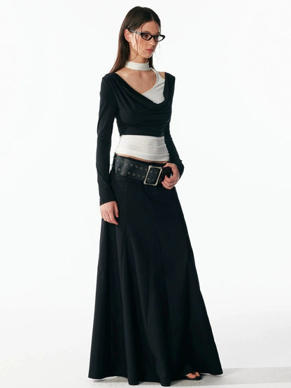 ALINNV STUDIO Classic Black A Line Low Waist Tailored Long Skirt Skirt