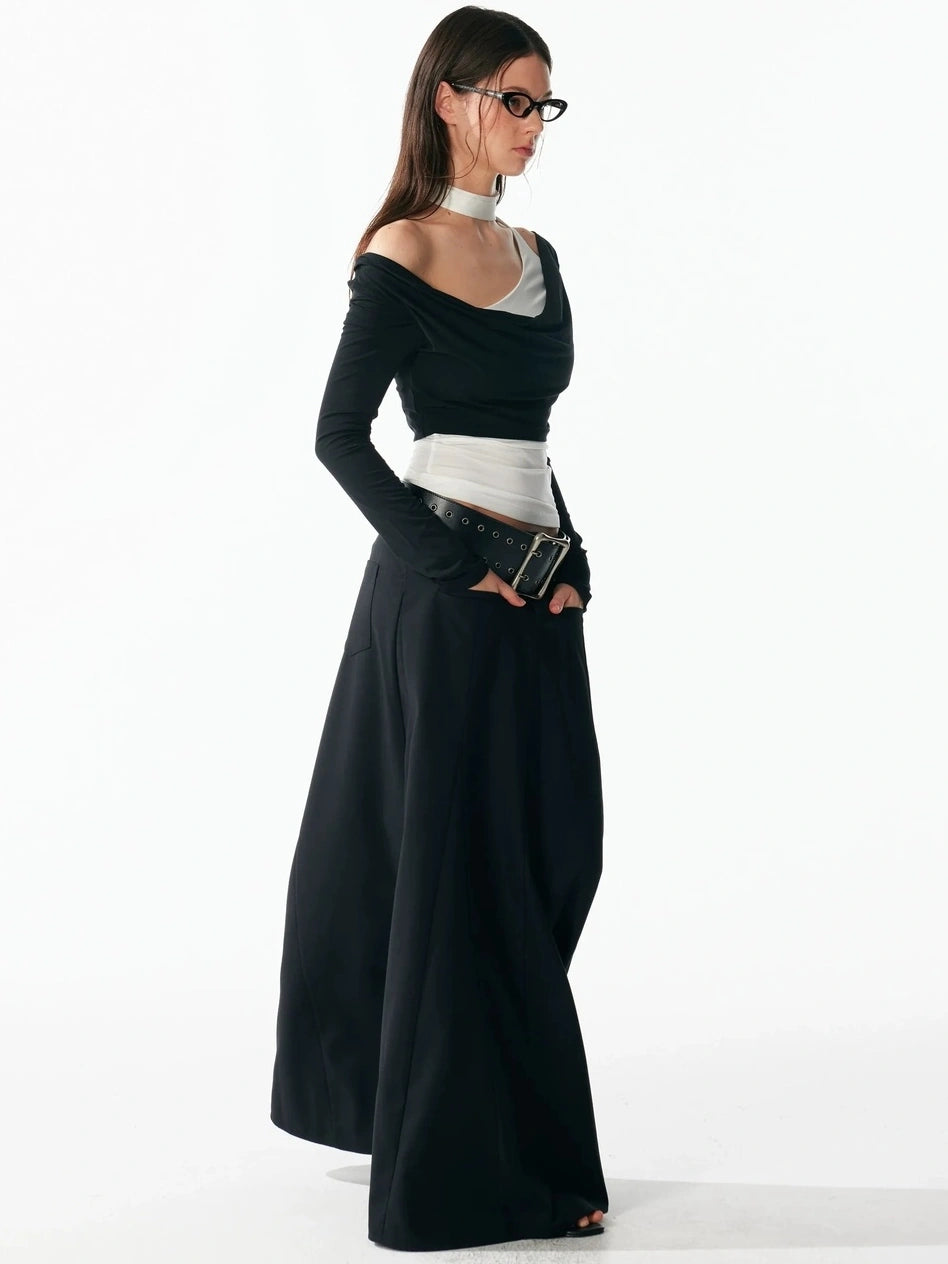 ALINNV STUDIO Classic Black A Line Low Waist Tailored Long Skirt Skirt