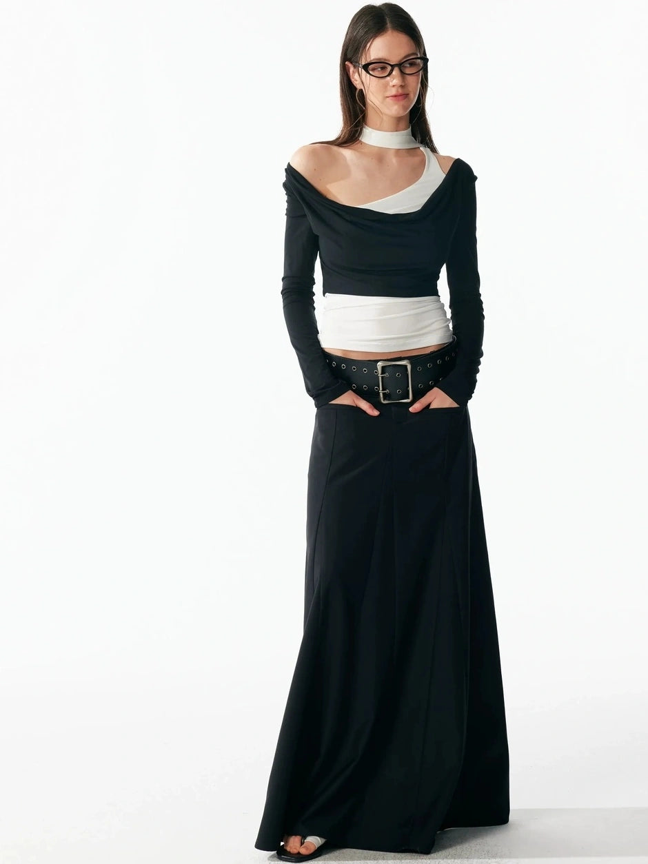 ALINNV STUDIO Classic Black A Line Low Waist Tailored Long Skirt Skirt