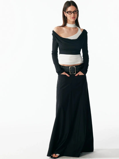 ALINNV STUDIO Classic Black A Line Low Waist Tailored Long Skirt Skirt